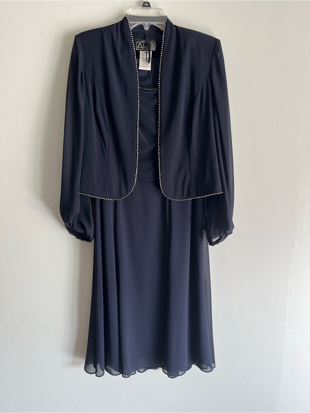 Alex Evenings Navy Chiffon Two-Piece Dress with Beaded Trim